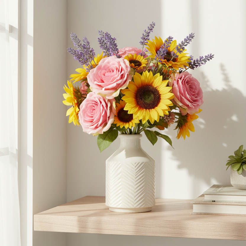 A floral arrangement in a white textured ceramic vase, featuring pink roses, yellow sunflowers, and purple lavender, displayed on a light wood shelf against a warm beige wall.