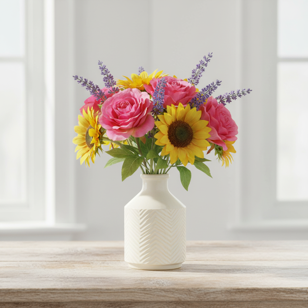 A vibrant artificial flower bouquet featuring pink roses, yellow sunflowers, and purple lavender sprigs, arranged in a textured cream-colored ceramic vase on a light wooden table.