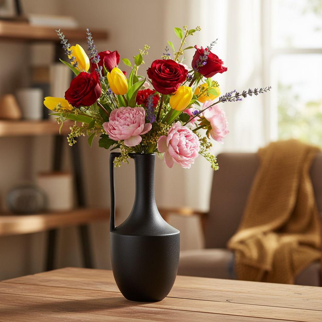 A black matte ceramic vase with a handle, filled with a colorful floral arrangement of red roses, pink peonies, yellow tulips, and green foliage, sitting on a wooden table in a softly blurred living room setting.