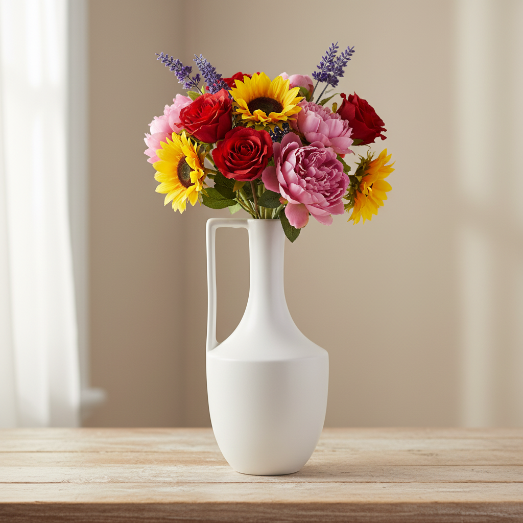 A white ceramic vase with a handle, filled with a colorful artificial flower bouquet featuring red roses, pink peonies, yellow sunflowers, and purple lavender, set on a light wooden table against a soft beige background.