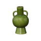 A green ceramic vase with a glossy finish, featuring a rounded body with two handles and a narrow neck.
