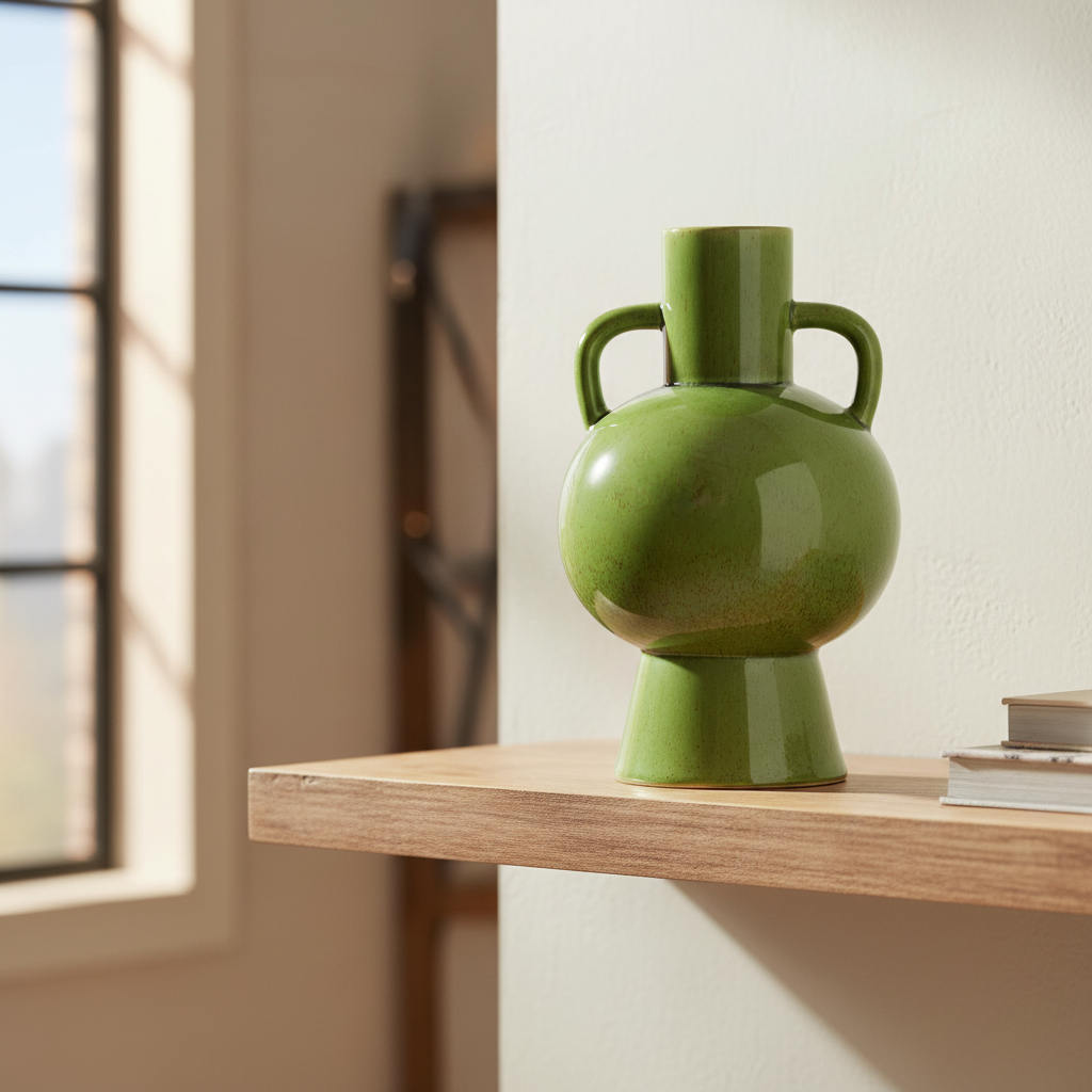 A glossy olive green ceramic vase with a bulbous body and two side handles, displayed on a light wood floating shelf in a modern interior setting.