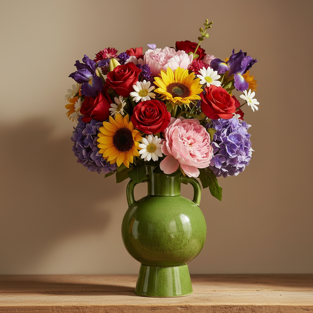 A vibrant, multicolored flower bouquet featuring red roses, pink peonies, yellow sunflowers, purple hydrangeas, and white daisies arranged in a glossy green ceramic vase with side handles, sitting on a wooden shelf against a warm beige background.