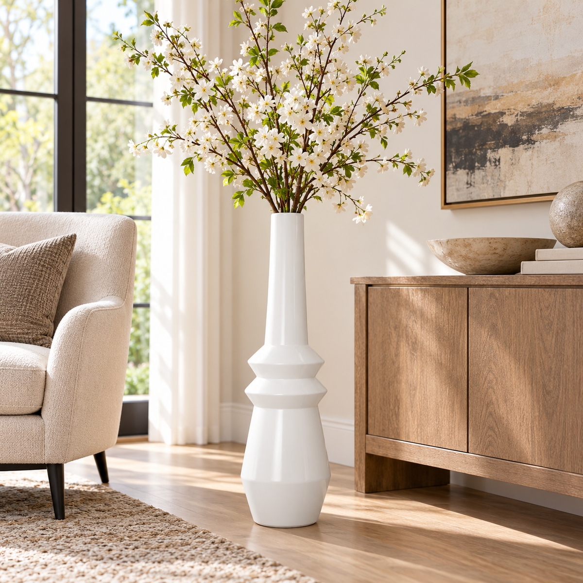 A tall, sculptural white ceramic vase filled with white blossoms and green leaves, styled in a bright, modern living room next to a beige armchair and a wooden sideboard.