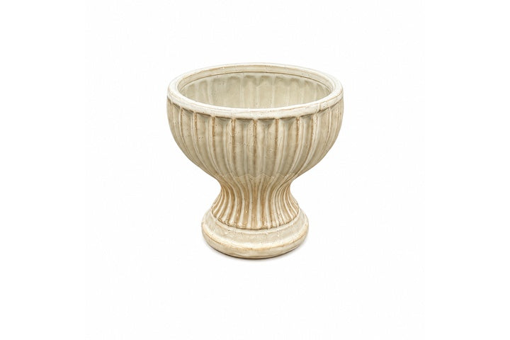 Hourglass Pedestal Urn Ceramic Flower Pot With Vertical Fluting and Weathered Antiqued Finish