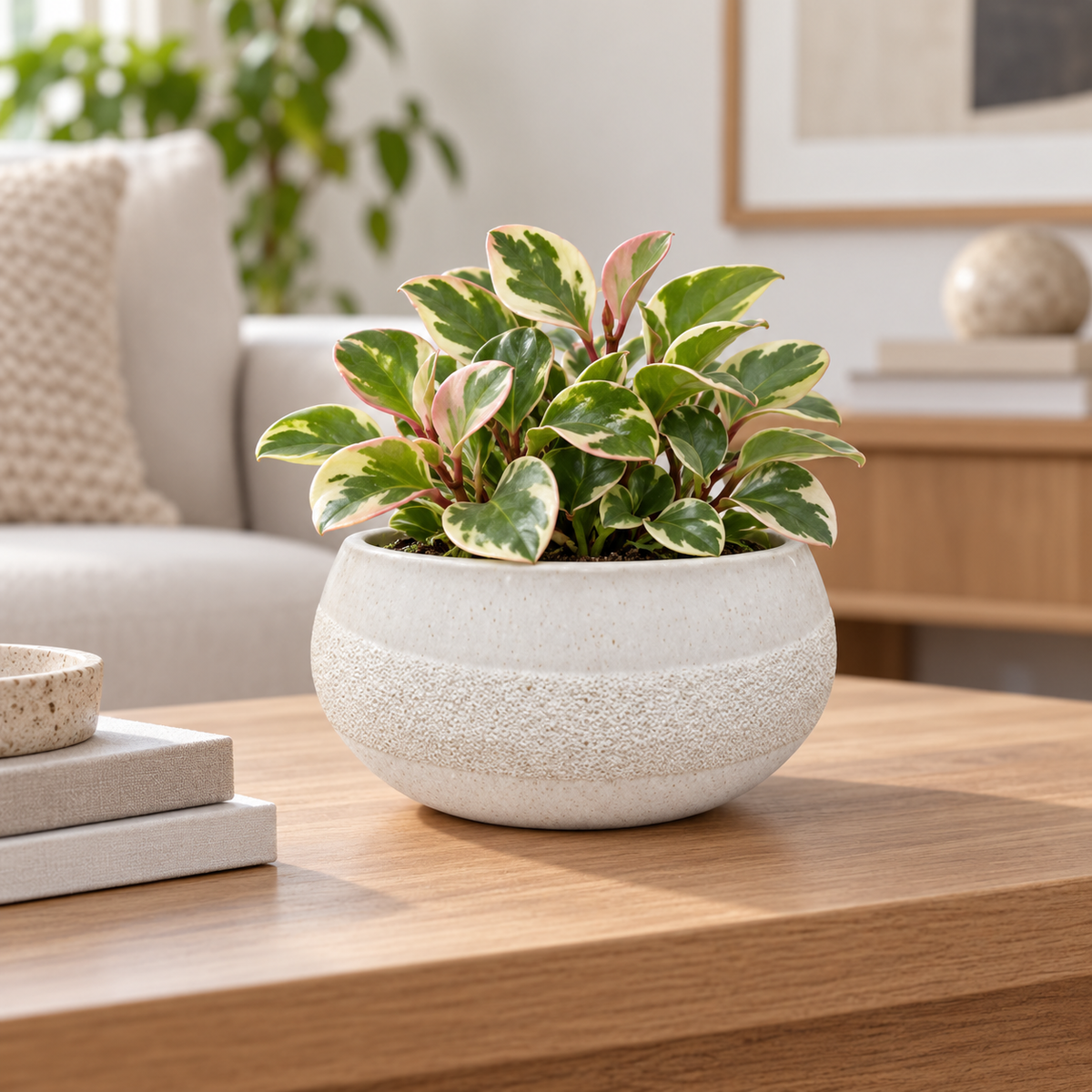 A variegated houseplant with green, cream, and reddish leaves in a textured off-white ceramic pot, displayed on a wooden table in a bright, modern living room.
