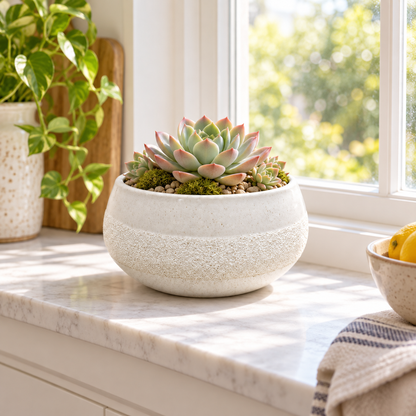 A round textured off-white ceramic planter holding a pink-edged succulent, displayed on a white marble kitchen counter in front of a bright window.