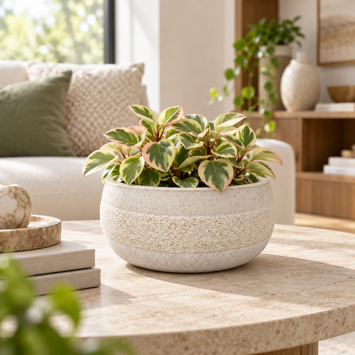 A variegated houseplant in a round speckled beige ceramic pot, placed on a light stone coffee table in a bright, modern living room.