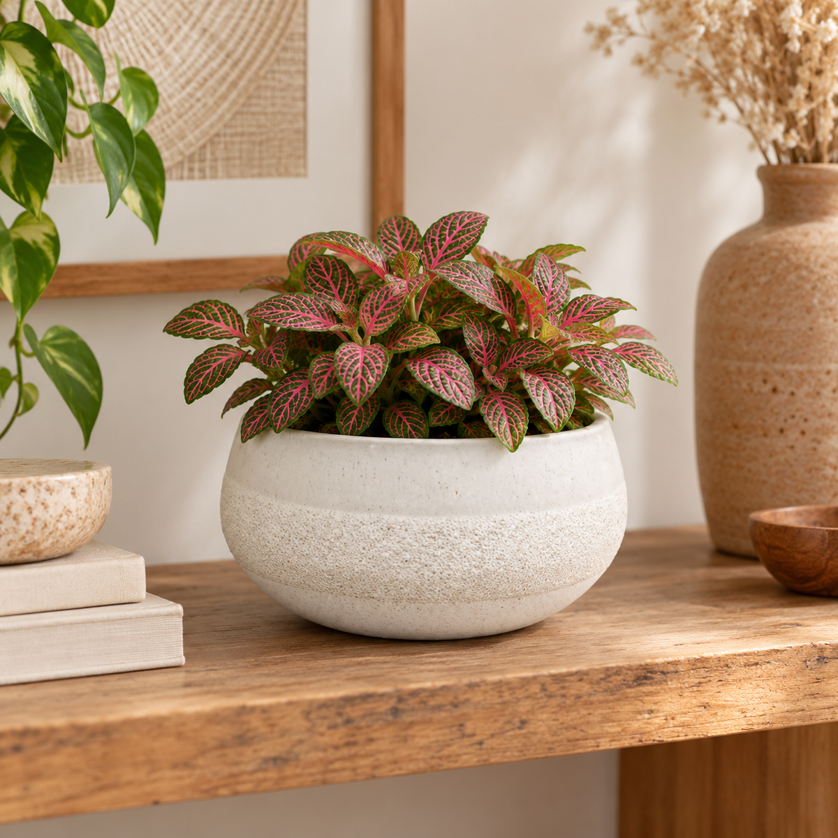 A potted red and green patterned houseplant in a textured off-white ceramic pot, displayed on a rustic wooden shelf next to other home decor items.