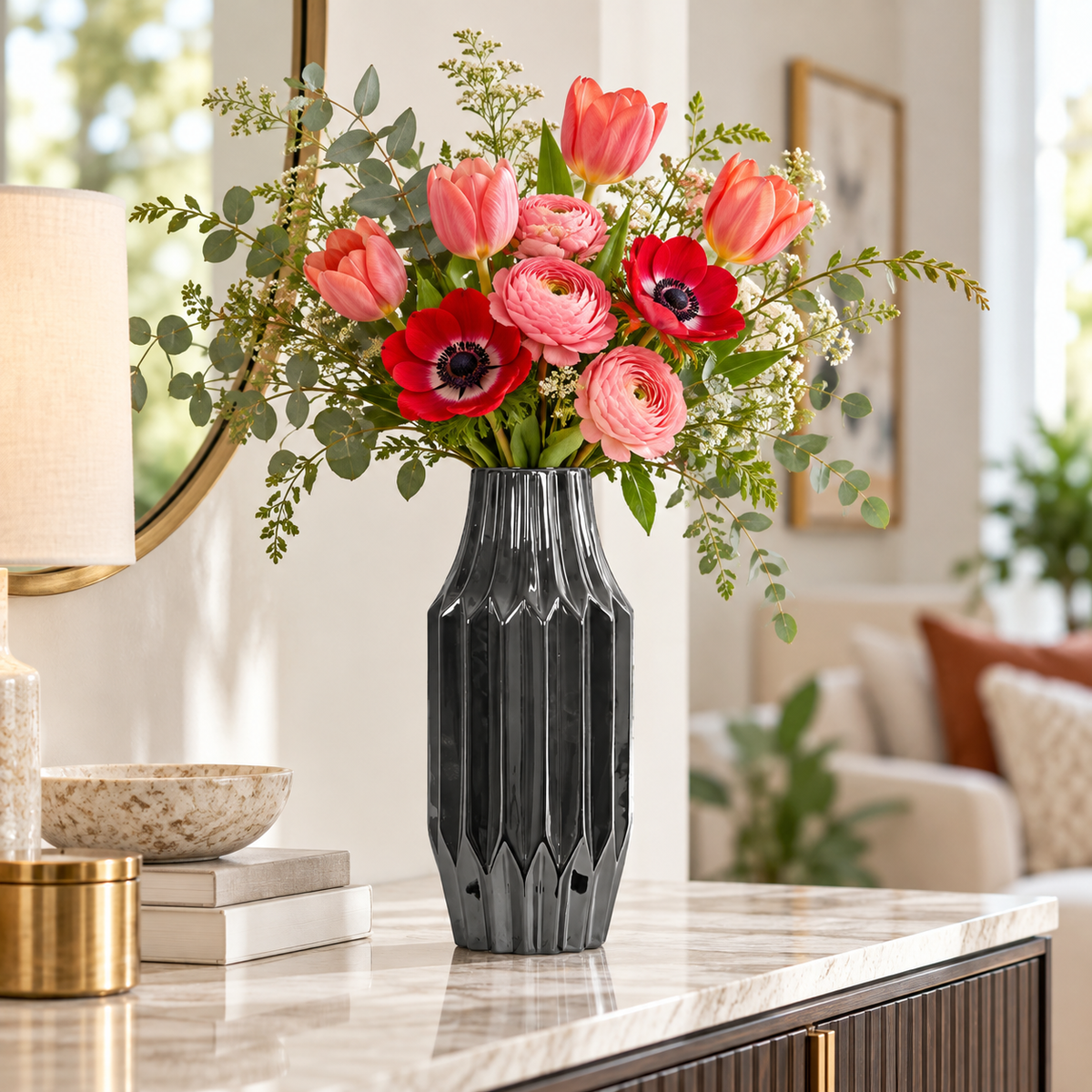 Valea Round Chrome Finish Ceramic Vase