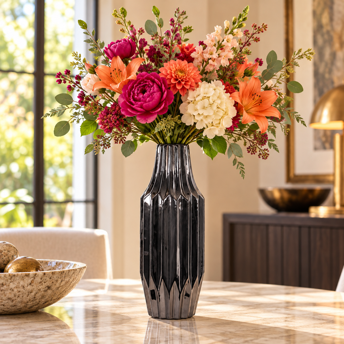 Valea Round Chrome Finish Ceramic Vase