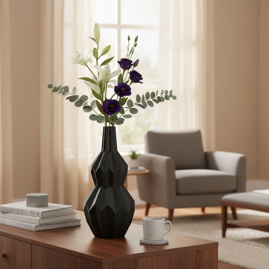 A black faceted geometric vase filled with green foliage and purple flowers, placed on a wooden sideboard in a softly lit living room with a gray armchair and neutral decor in the background.