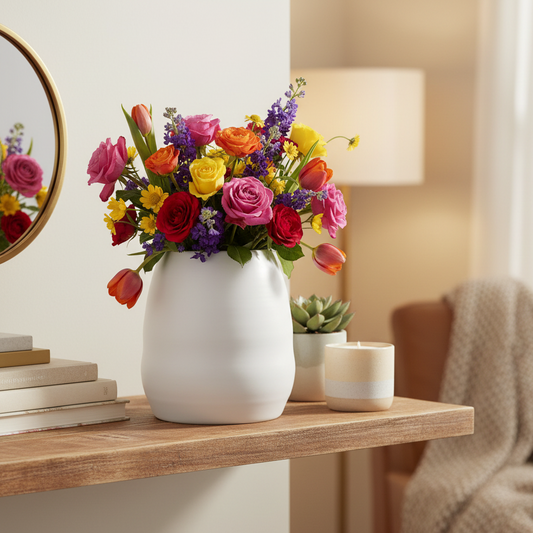 A white ceramic vase filled with a colorful bouquet of flowers, styled on a wooden shelf in a warm, softly lit living room setting.
