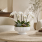 A white ceramic planter with a fluted rim and pedestal base, filled with white orchids, green succulents, and moss, displayed on a round stone coffee table in a modern living room setting.