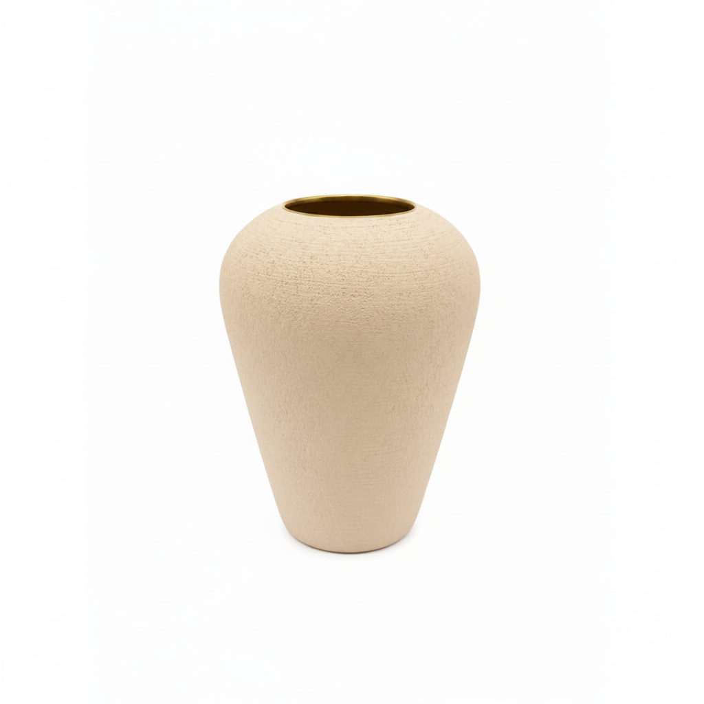 A small textured ceramic vase with a conical shape and a wide opening, shown on a plain white background.