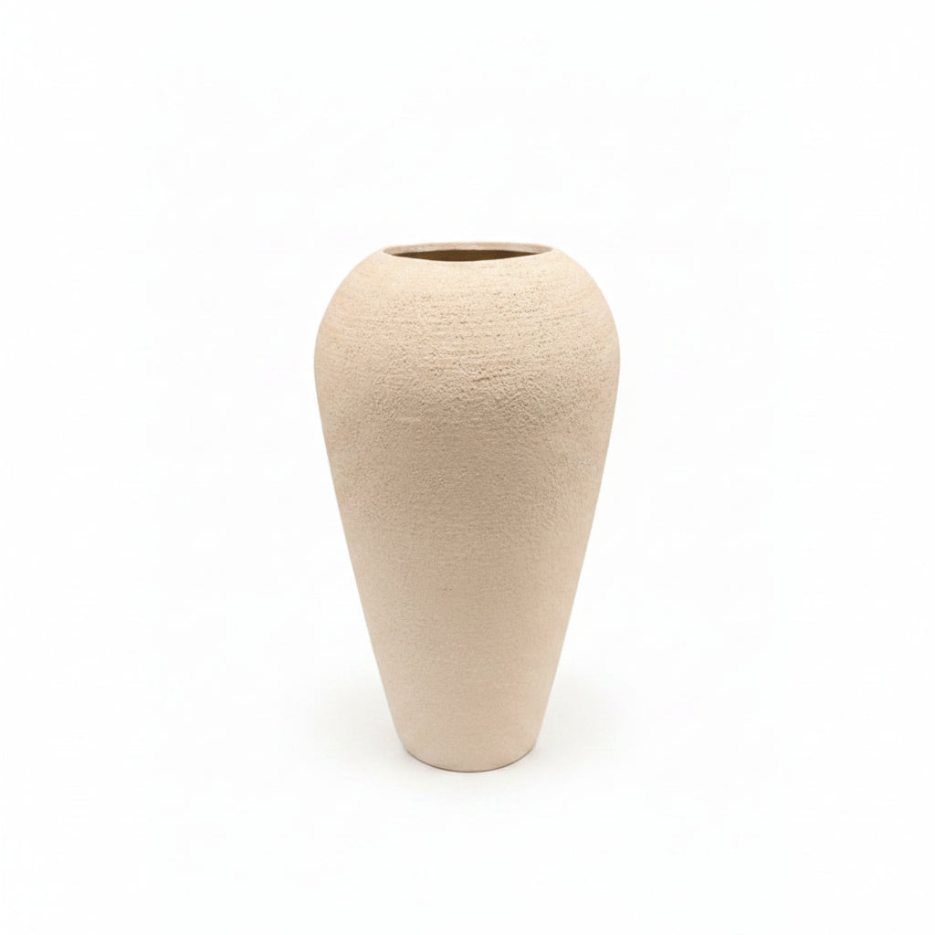 A textured ceramic vase with a tapered, bulbous shape and a wide flared rim, in a light beige color, shown against a plain white background.