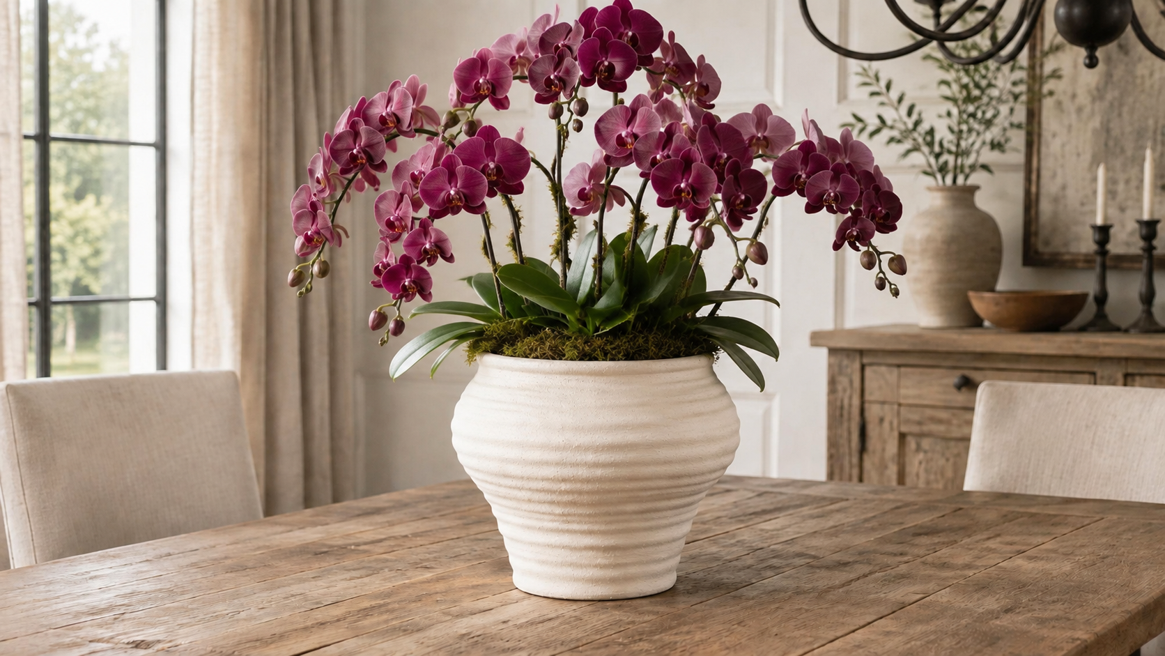 A vibrant magenta potted Phalaenopsis orchid plant in a ribbed white ceramic pot, displayed on a rustic wooden dining table in a beautifully decorated home interior.