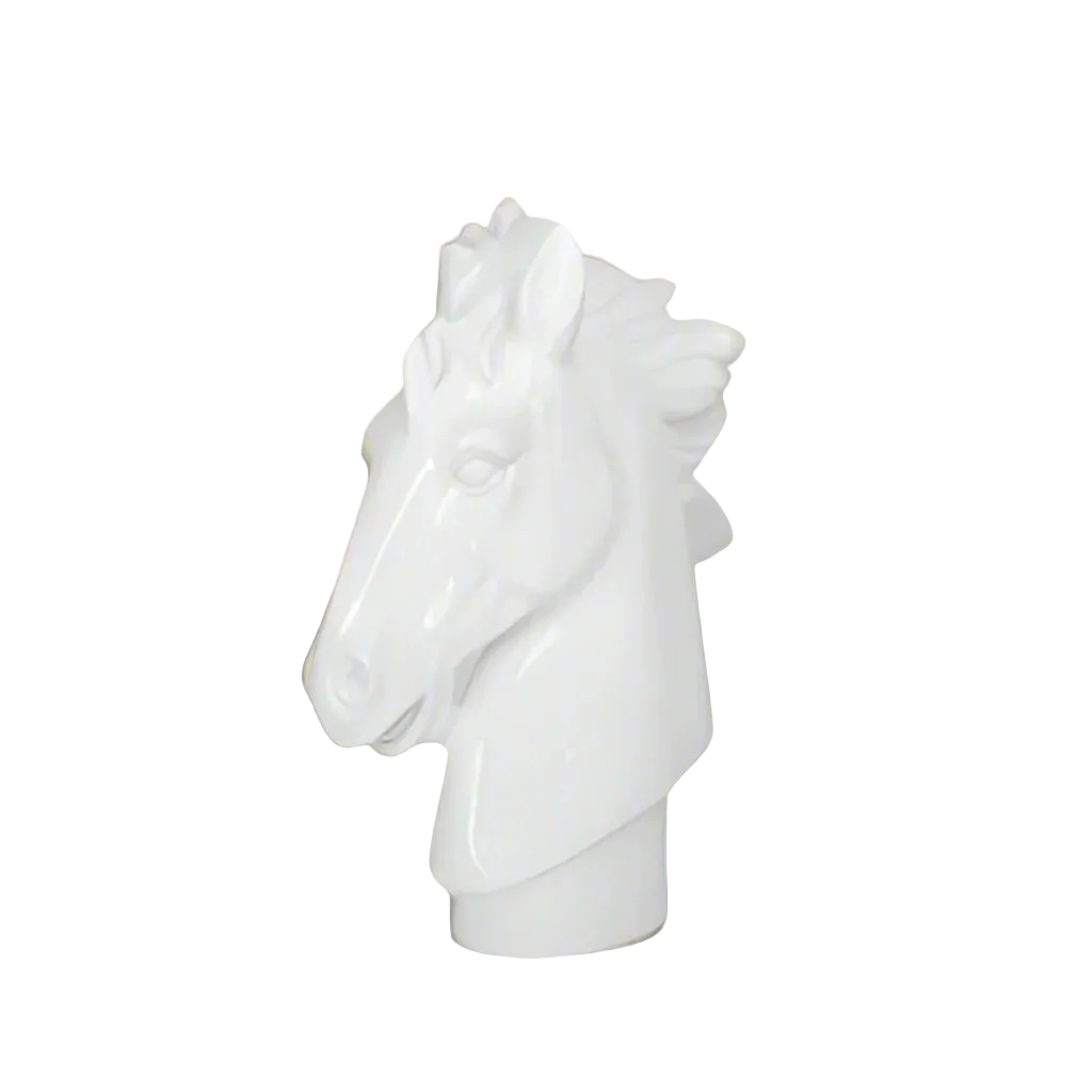 A glossy white ceramic horse head bust on a matching cylindrical base, shown against a plain white background.