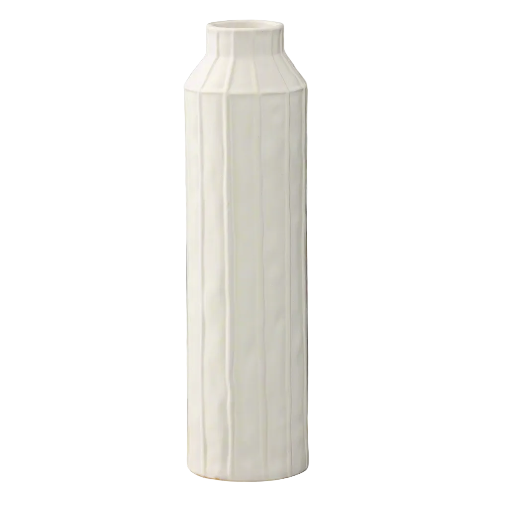 A tall, narrow white ceramic vase with a flared neck and subtle vertical ribbed texture, shown against a plain white background.