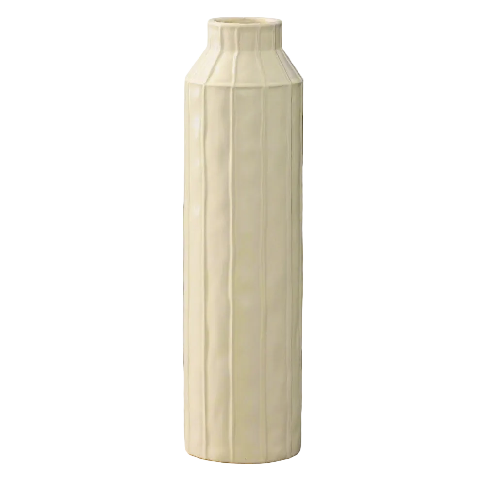 A tall, narrow ceramic vase with a flared neck and vertical ribbed panels, shown on a plain white background.