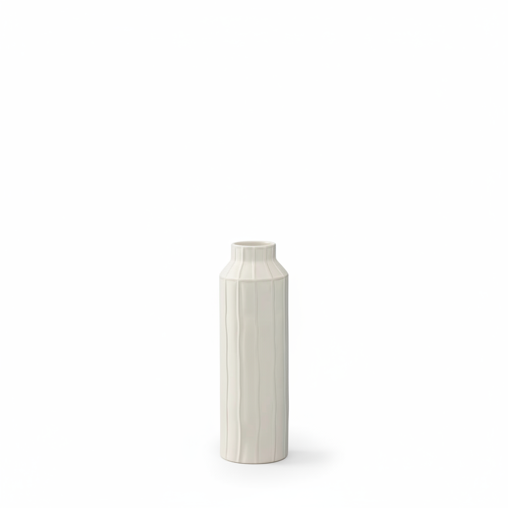 A minimalist, small cylindrical ceramic vase with a flared rim and subtle vertical ribbed texture, shown on a solid white background.