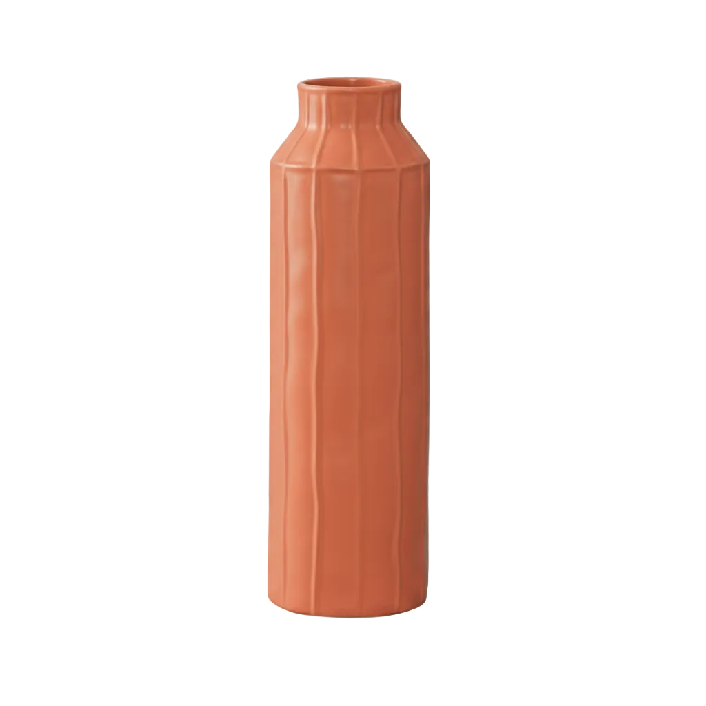 Terracotta-colored vase with textured surface on a white background