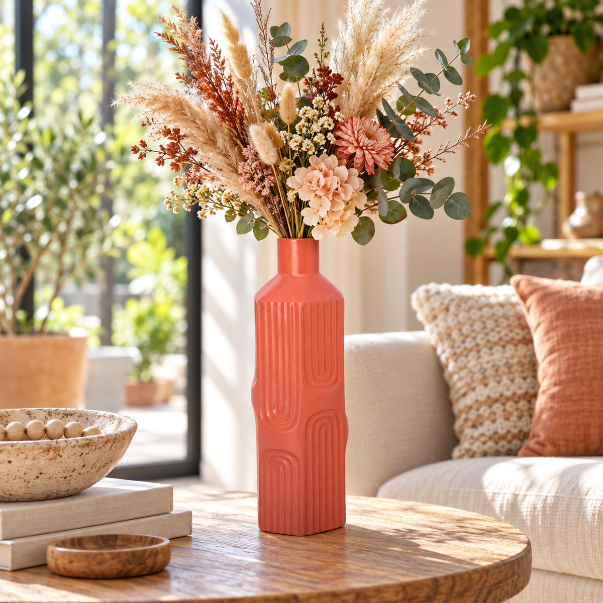 A coral pink ribbed ceramic vase filled with a dried floral arrangement, set on a wooden table in a bright, modern living room.