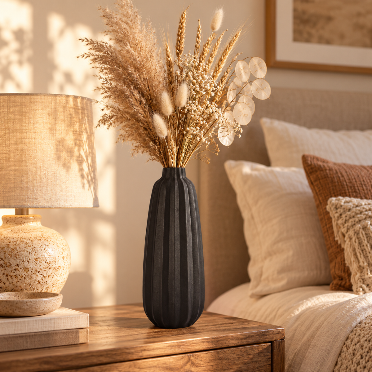 A ribbed matte black ceramic vase filled with dried wheat, pampas grass, and white round flower heads, styled on a wooden bedside table next to a lit lamp in a warm, sunlit bedroom setting.