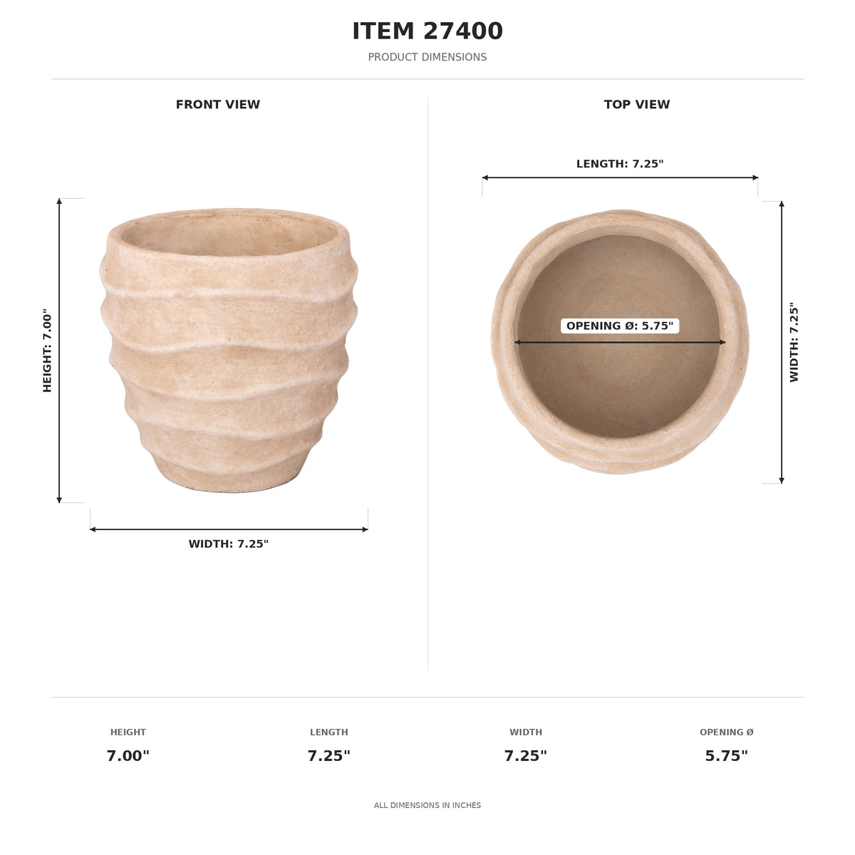 Product dimension diagram for a textured beige planter pot, showing front and top views with measurements in inches on a white background.