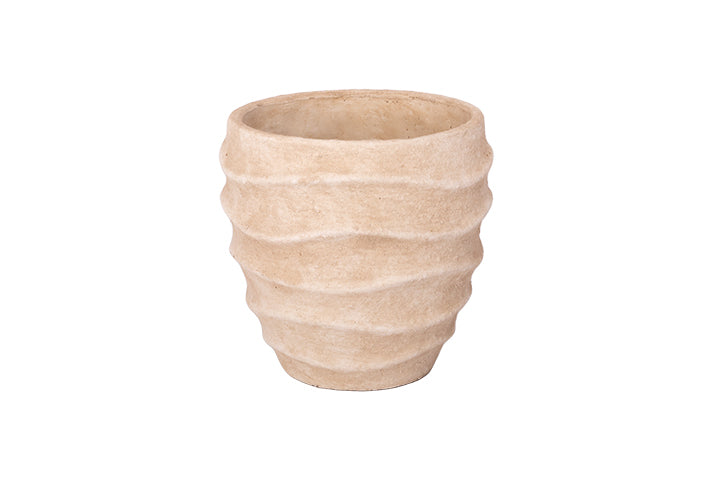A small textured planter pot with a ribbed, wavy exterior design in a sandy beige color, shown against a plain white background.