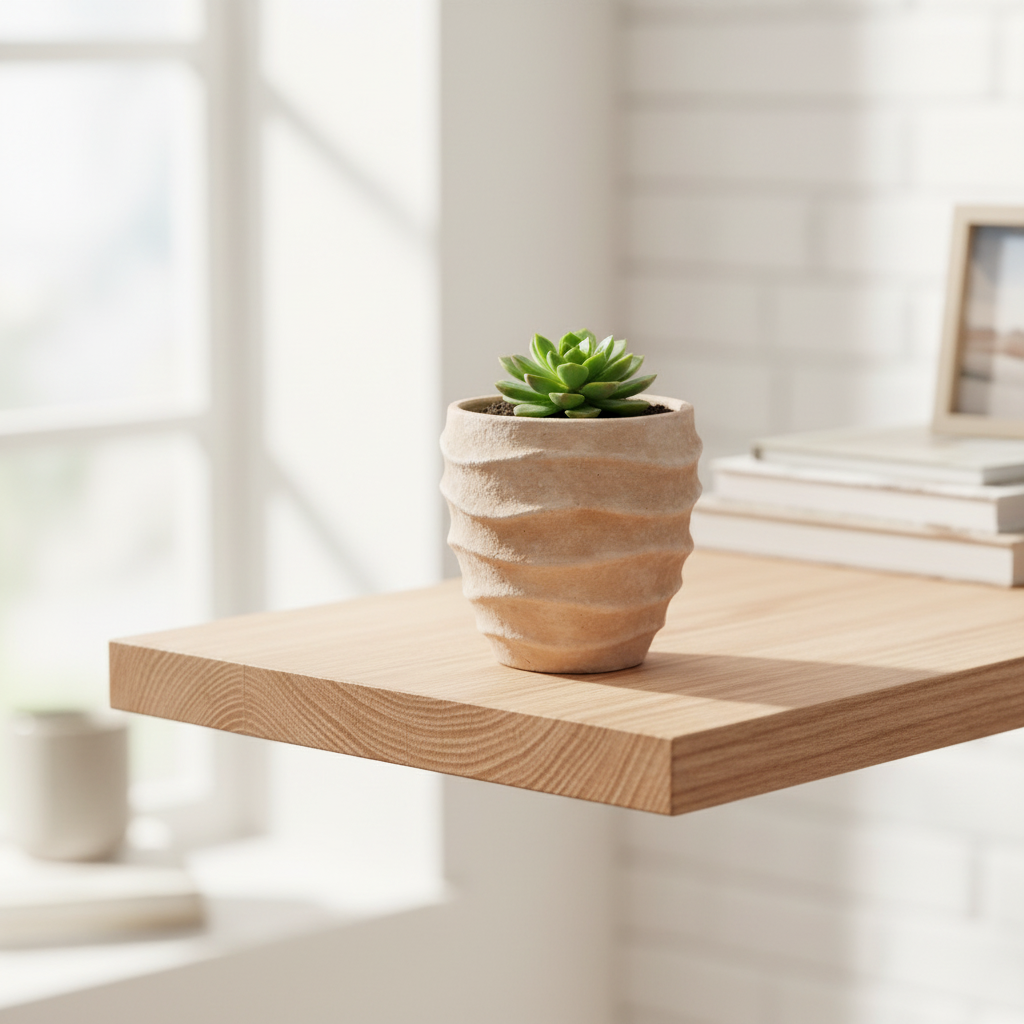 A small green succulent plant in a textured, ribbed beige ceramic pot on a solid white background.