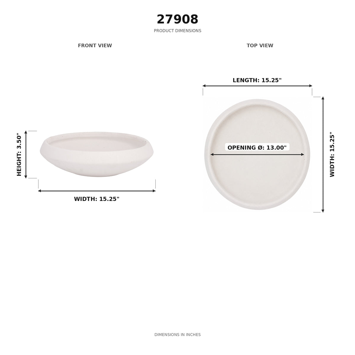 Product dimensions diagram for a white ceramic bowl, showing front and top views with measurements in inches on a white background.
