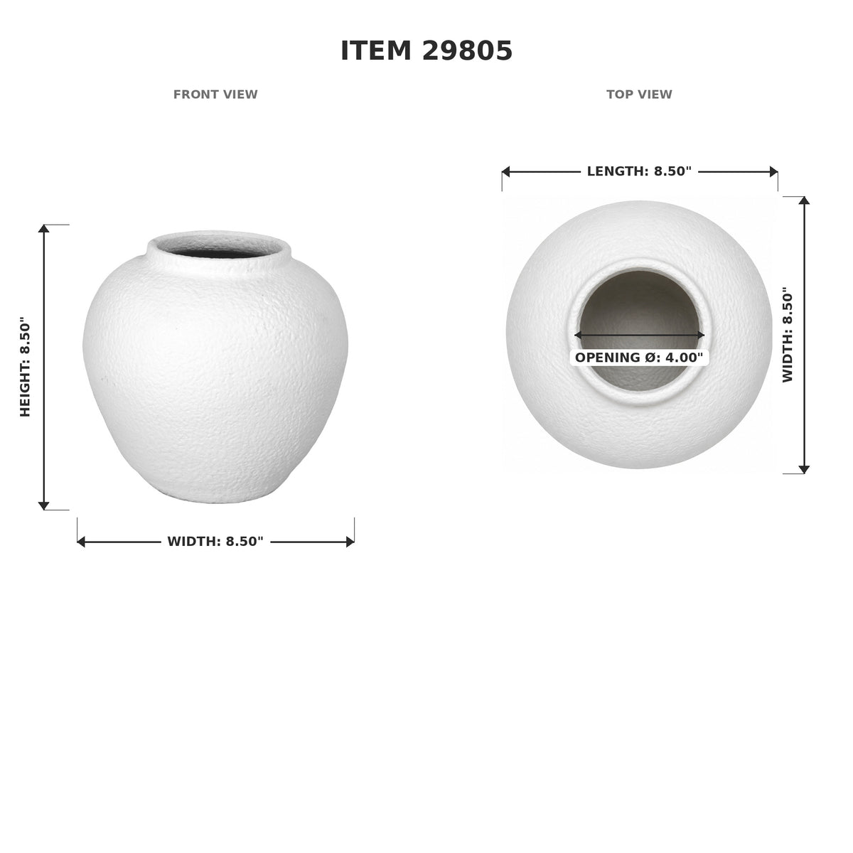 White ceramic vase shown with front and top views on a white background, with dimension arrows and text indicating height, width, and opening size.