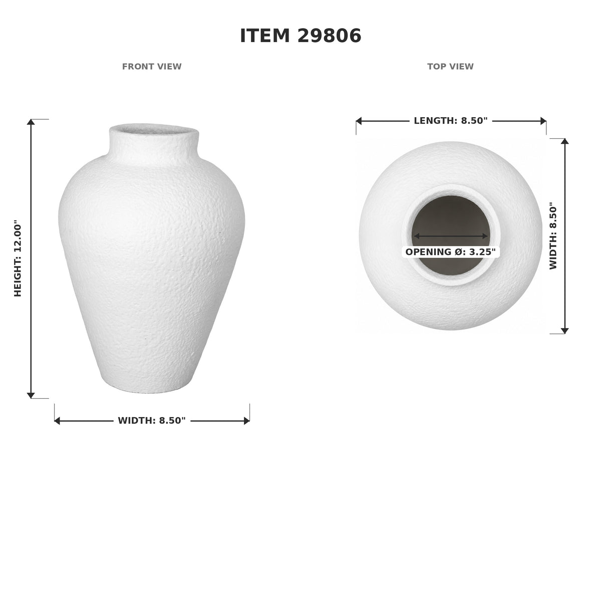 White textured ceramic vase shown with dimension labels from front and top views on a white background, including height 12.40 inches, width 8.