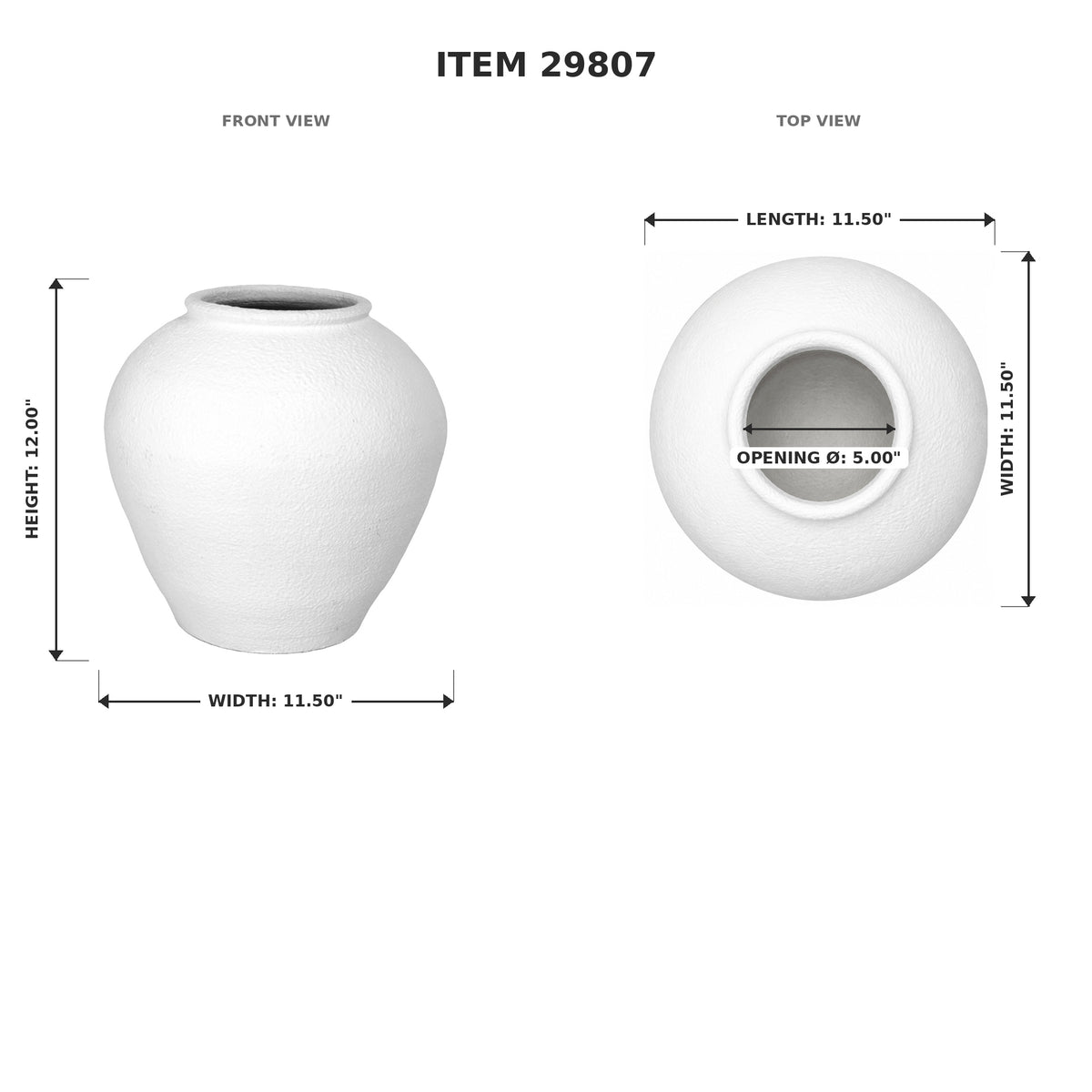 White ceramic vase shown on a light gray background with front and top views, labeled dimensions and item number 29807.