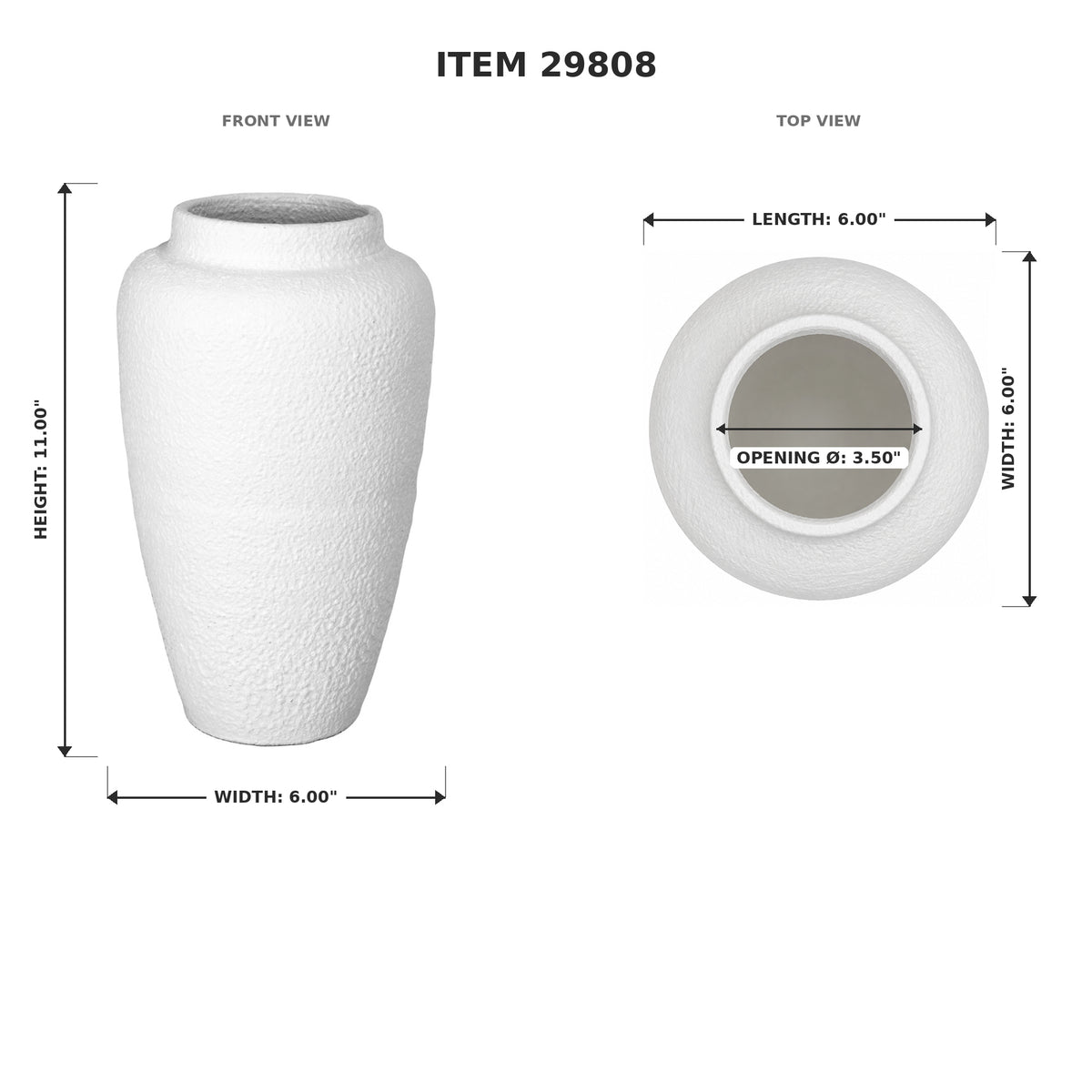 White textured ceramic vase shown with dimension labels from front and top views on a white background, including height 13.00 inches, width 6.