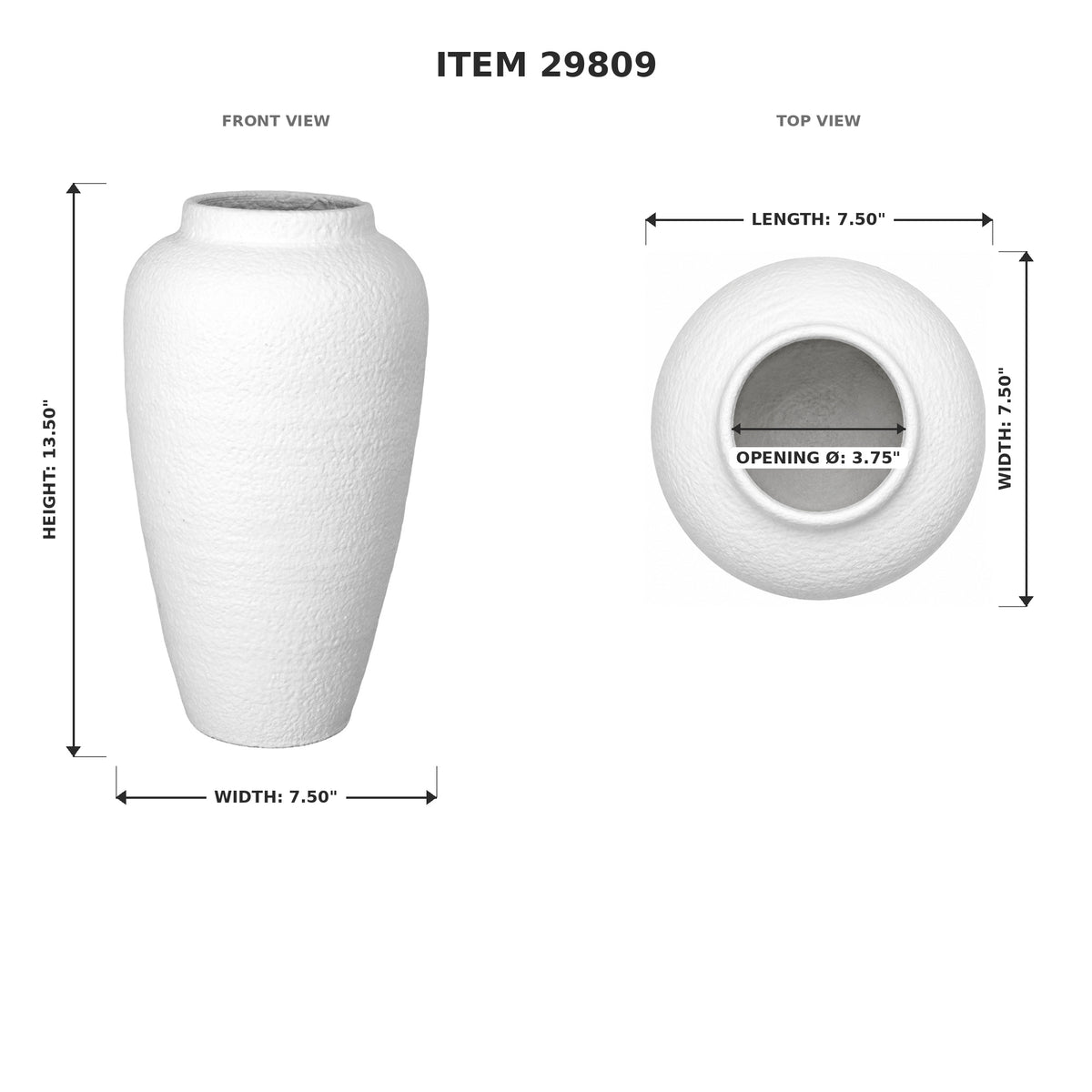 White textured ceramic vase shown with dimension labels from a front view and top view on a white background. The image includes the text 'ITEM 29809' at the top and measurements for height, width, and opening diameter.