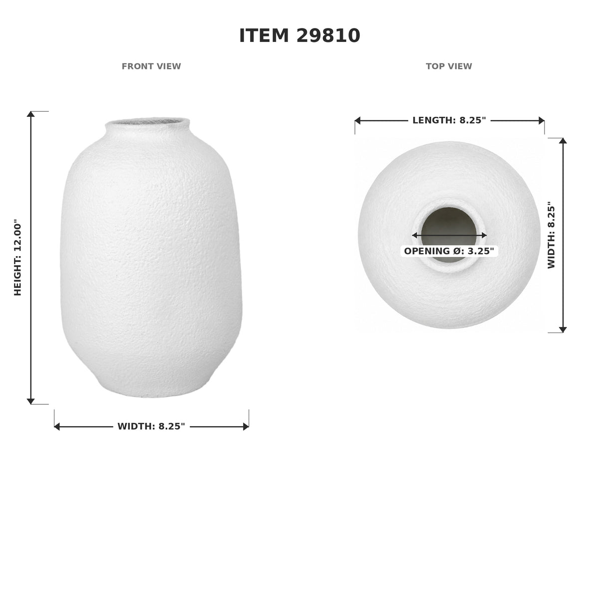 White textured ceramic vase shown with front and top views and dimension labels on a white background. The image includes the text 'ITEM 29810' and measurements for height, width, and opening diameter.