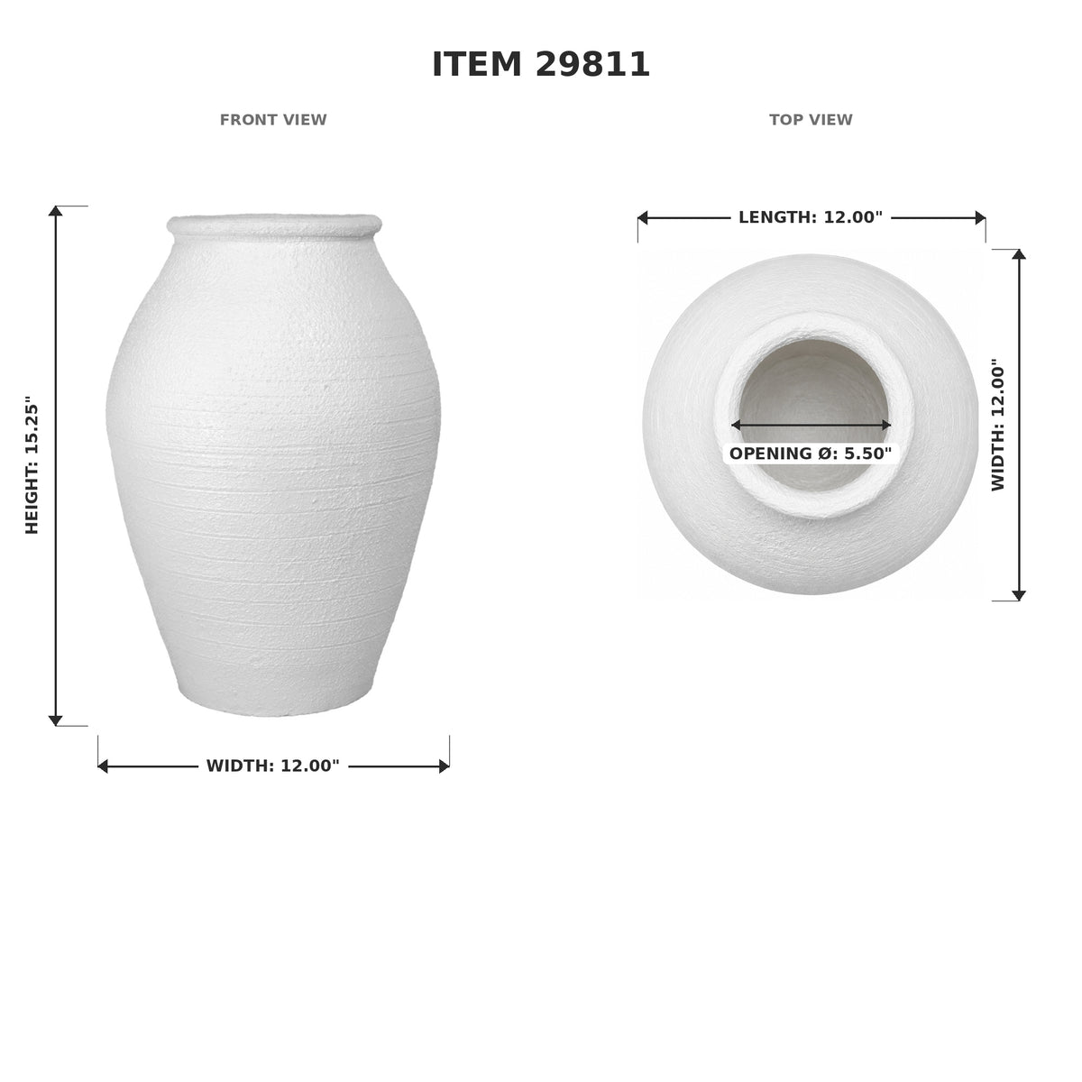 White ceramic vase shown with front and top views and dimension labels on a white background. The image includes the text 'ITEM 29811' and measurements for height, width, and opening diameter.