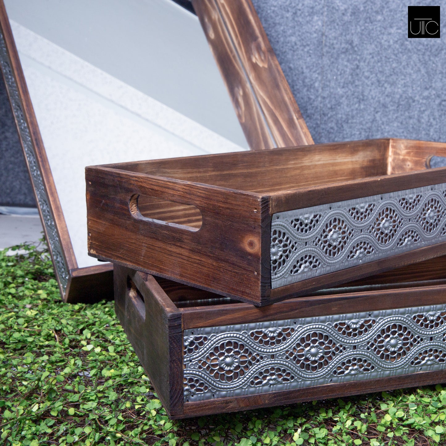Wood Tray Stained Wood Finish Brown 3.5"H