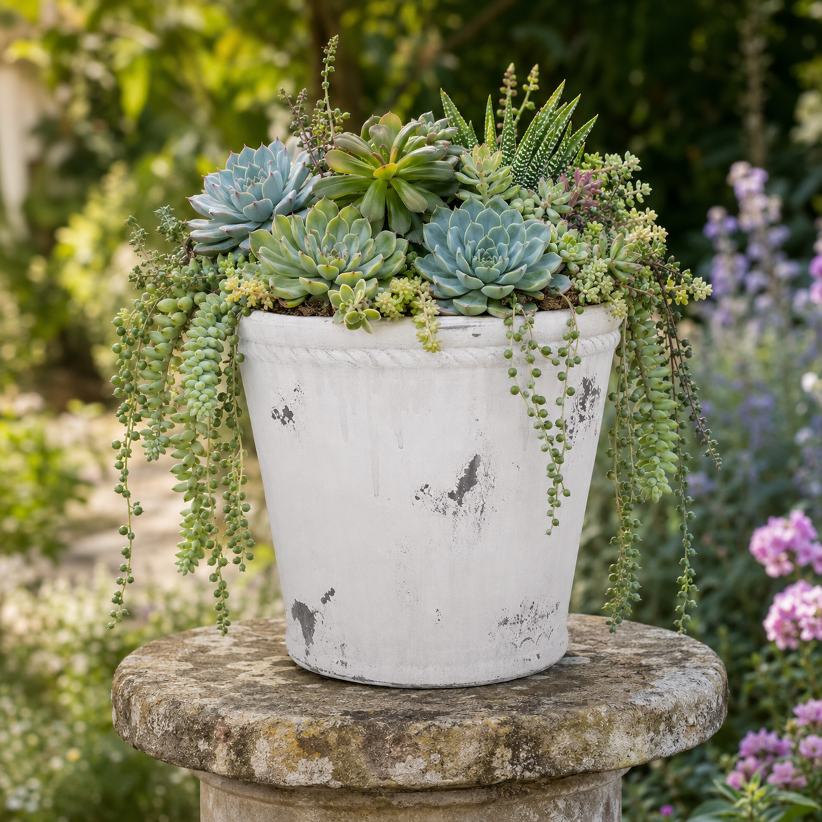 A white distressed ceramic planter filled with a variety of green succulents and trailing plants, displayed on a stone pedestal in a garden setting.