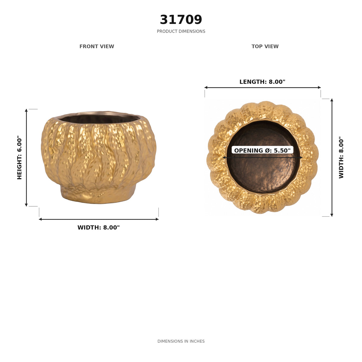 Product dimensions diagram for a textured gold planter pot, showing front and top views with measurements in inches on a white background.