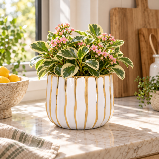 A variegated houseplant with green and cream leaves and small pink flowers, arranged in a white ribbed ceramic pot with gold vertical drips, set on a sunlit marble countertop in a kitchen.