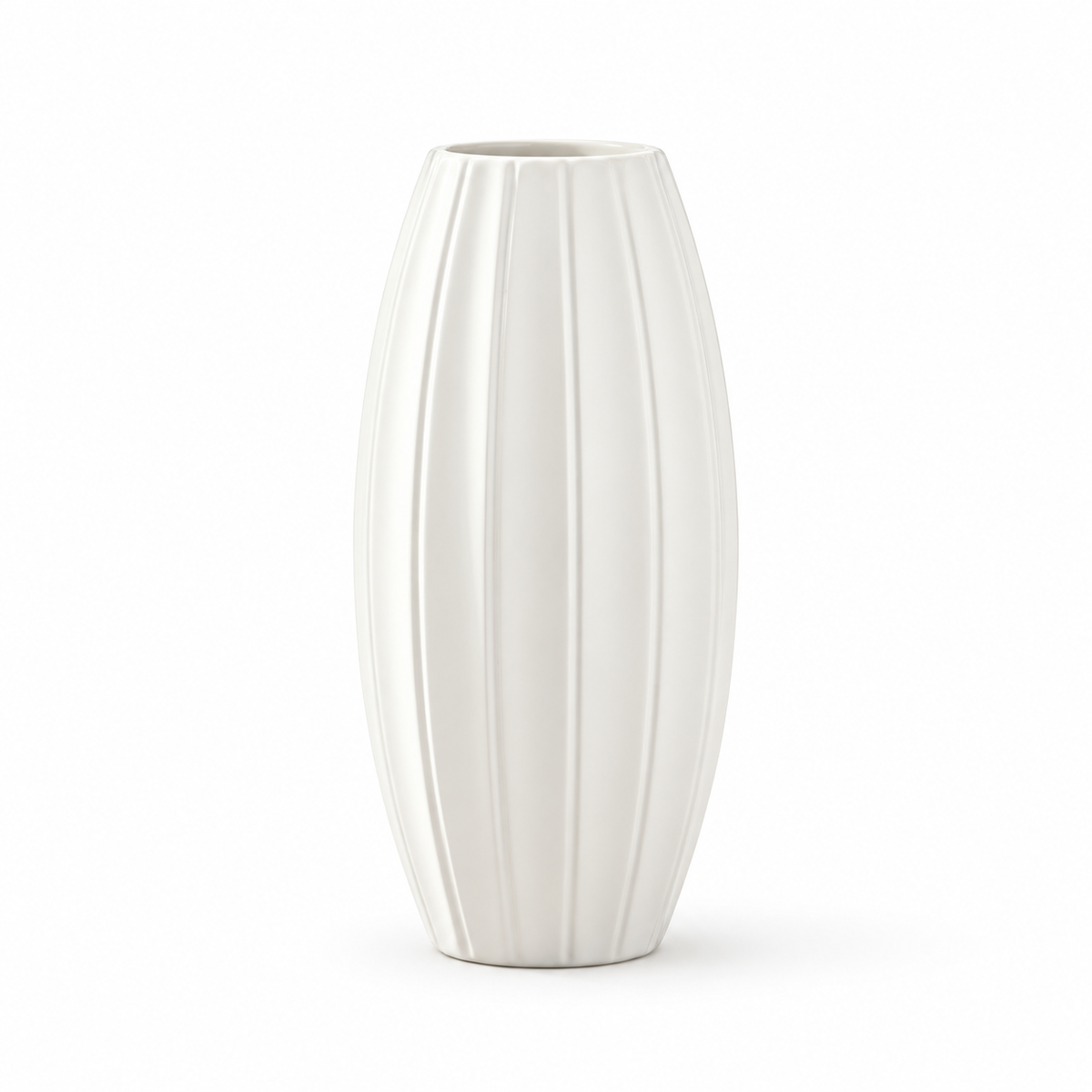 A tall, ribbed ceramic vase in a glossy white finish, centered on a clean white background.
