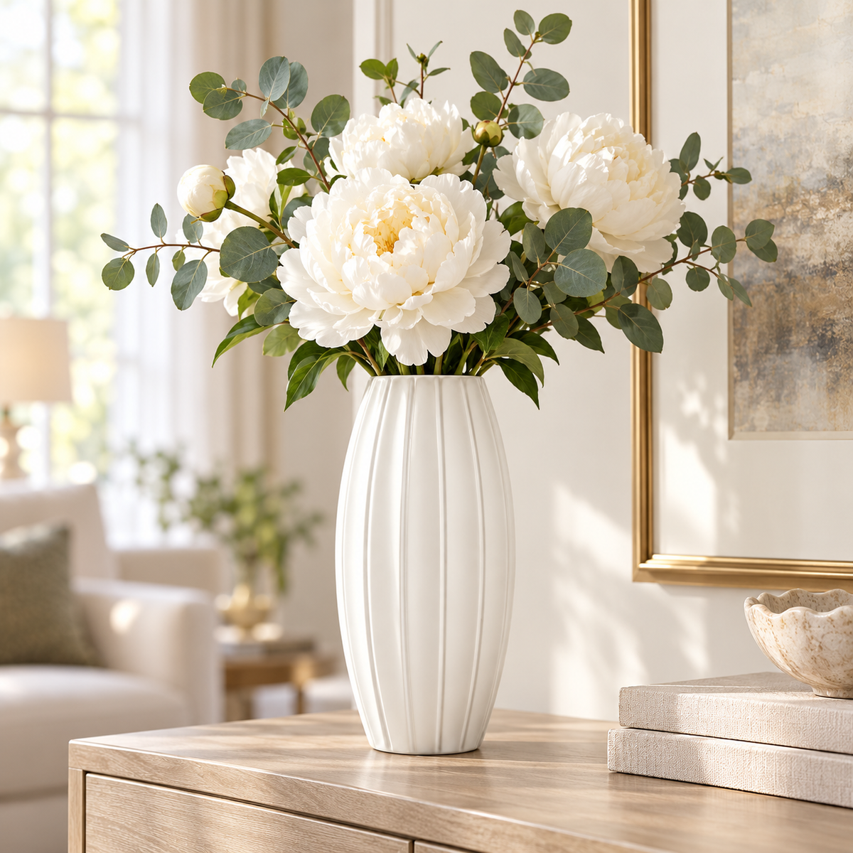White peony flowers with green eucalyptus stems arranged in a ribbed white ceramic vase, placed on a light wood console table in a bright, modern living room.
