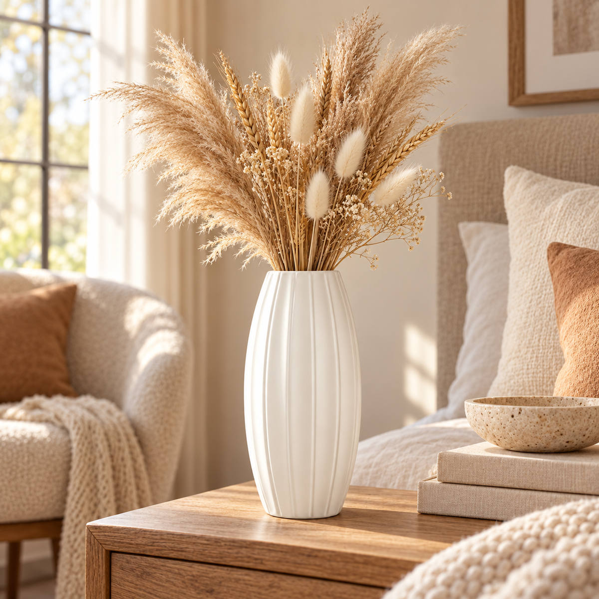 A white ribbed ceramic vase filled with dried pampas grass and wheat stems, placed on a wooden bedside table in a softly lit bedroom setting.
