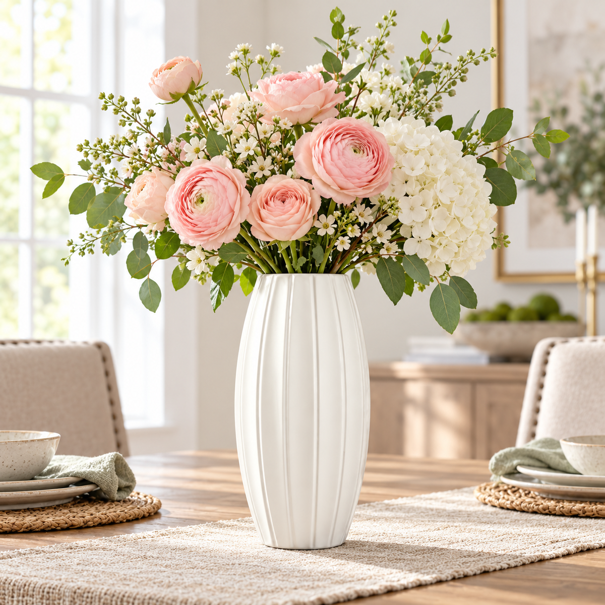 A white ribbed ceramic vase filled with a floral arrangement of pink roses, white hydrangeas, and green foliage, displayed on a dining table in a bright, modern living room.