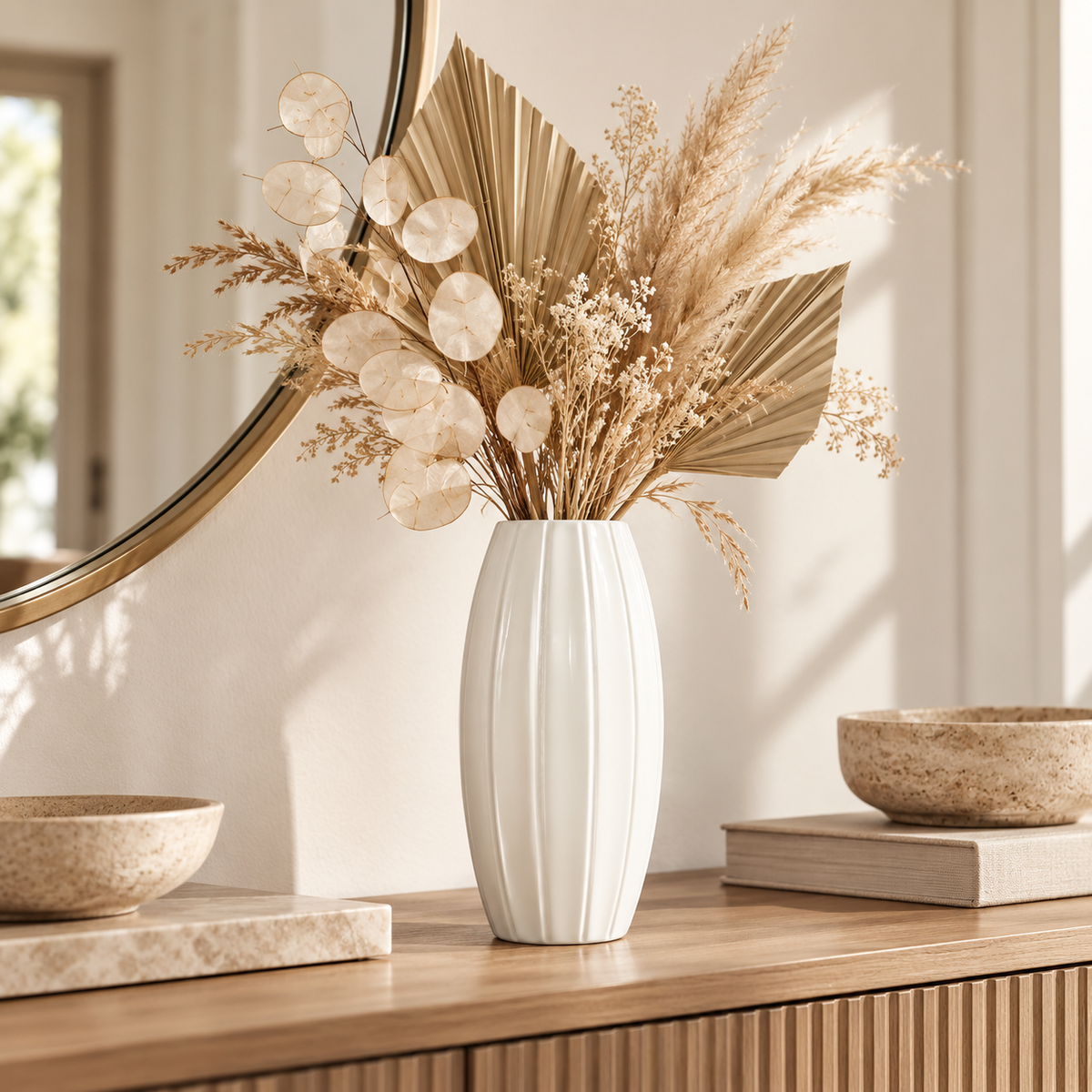 A white ribbed ceramic vase filled with dried beige botanicals, including pampas grass, paper fan leaves, and round eucalyptus-style pods, styled on a wooden console table in a warm interior setting.