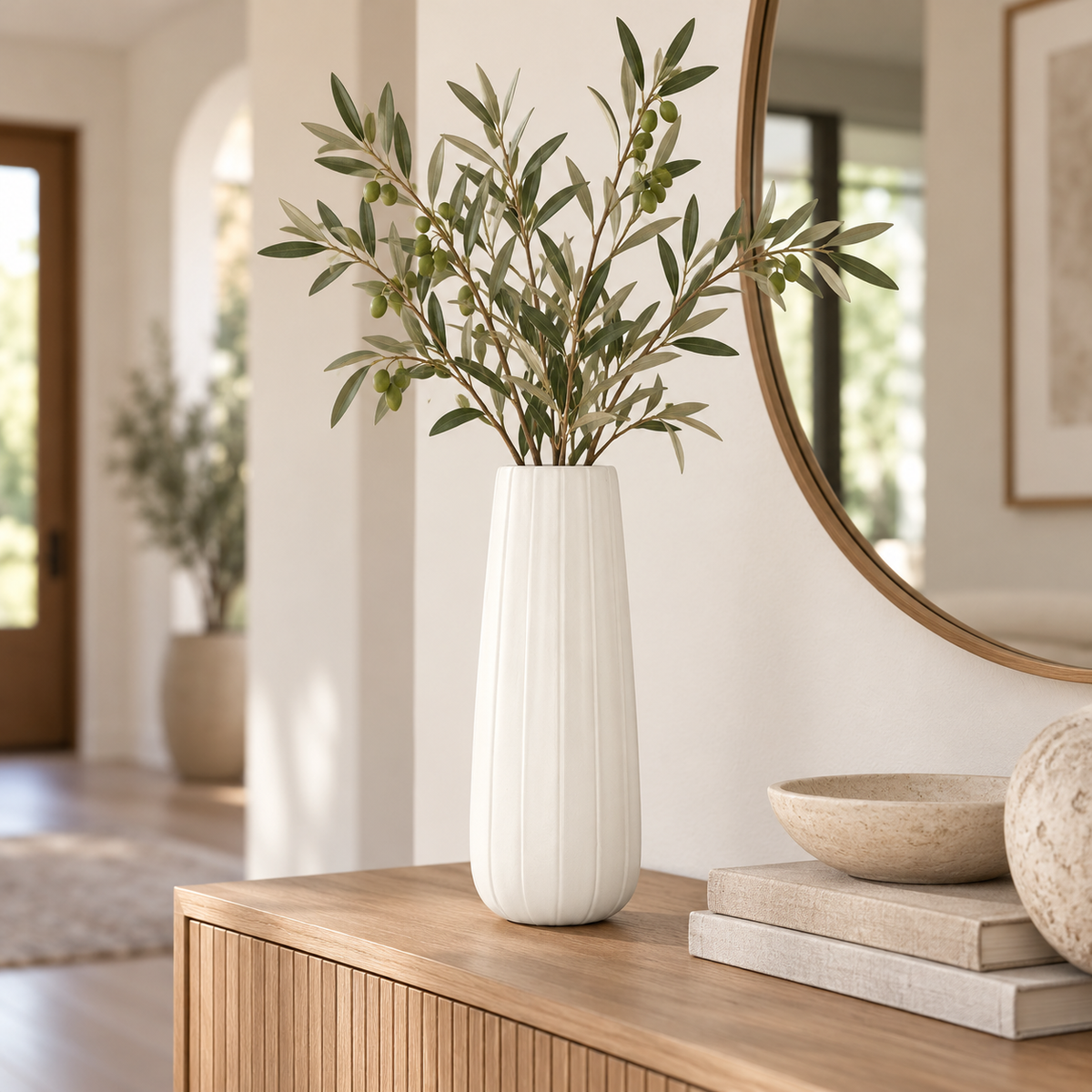 A tall, ribbed white ceramic vase filled with olive branches, styled on a wooden console table in a bright, modern interior with a round mirror and decorative bowls.
