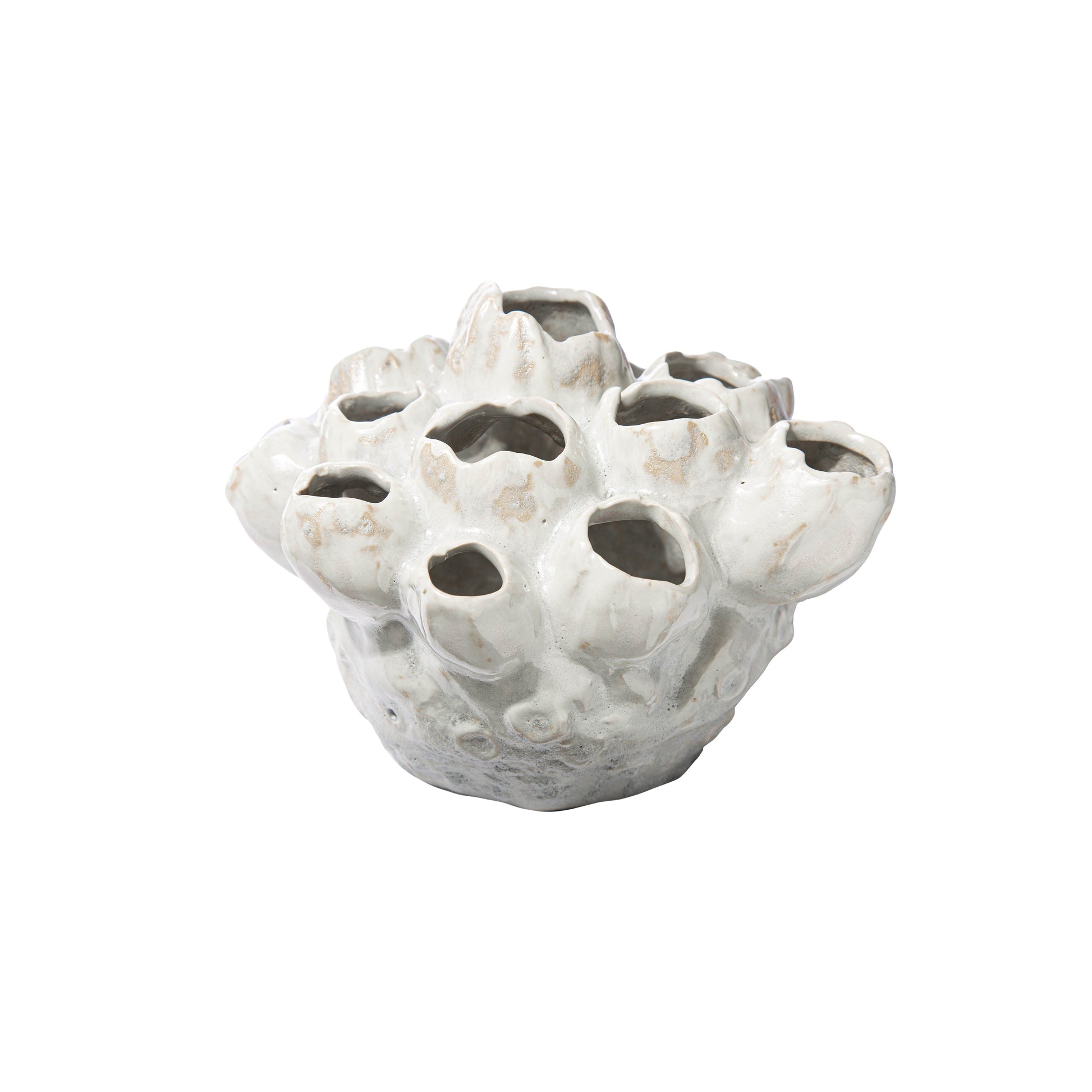 A ceramic cluster organic vase with a distressed finish and a banded tapered bottom, in moss green color.